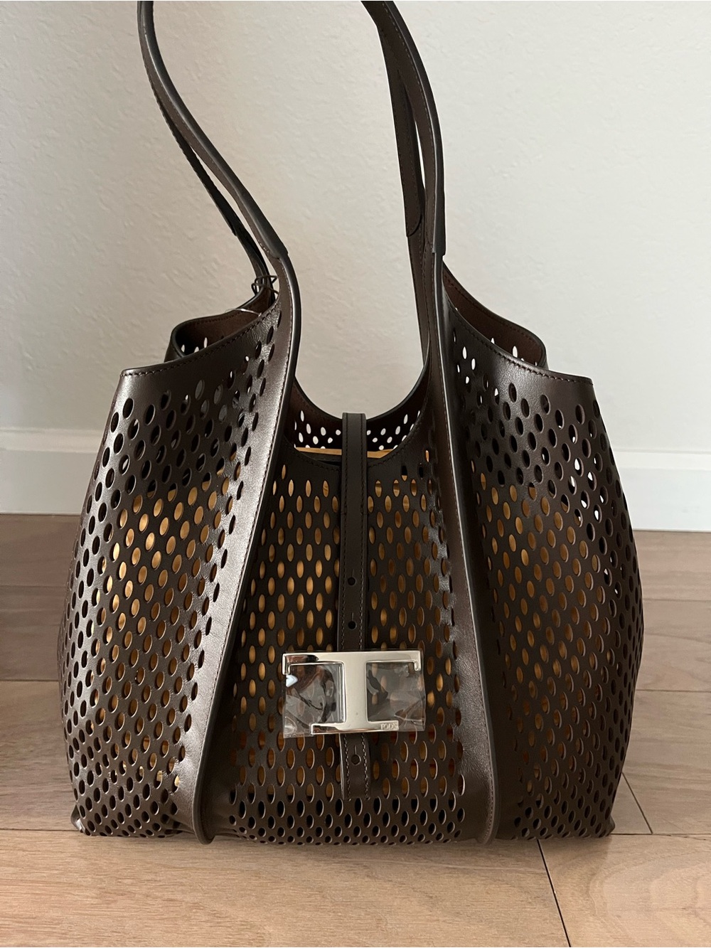 Tod's Dark Brown Small Laser-Cut Leather T Timeless Shopping Tote Bag